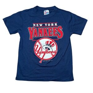 Vintage 80s Kids New York Yankees Baseball Shirt Size M Blue Garan 1988 MLB